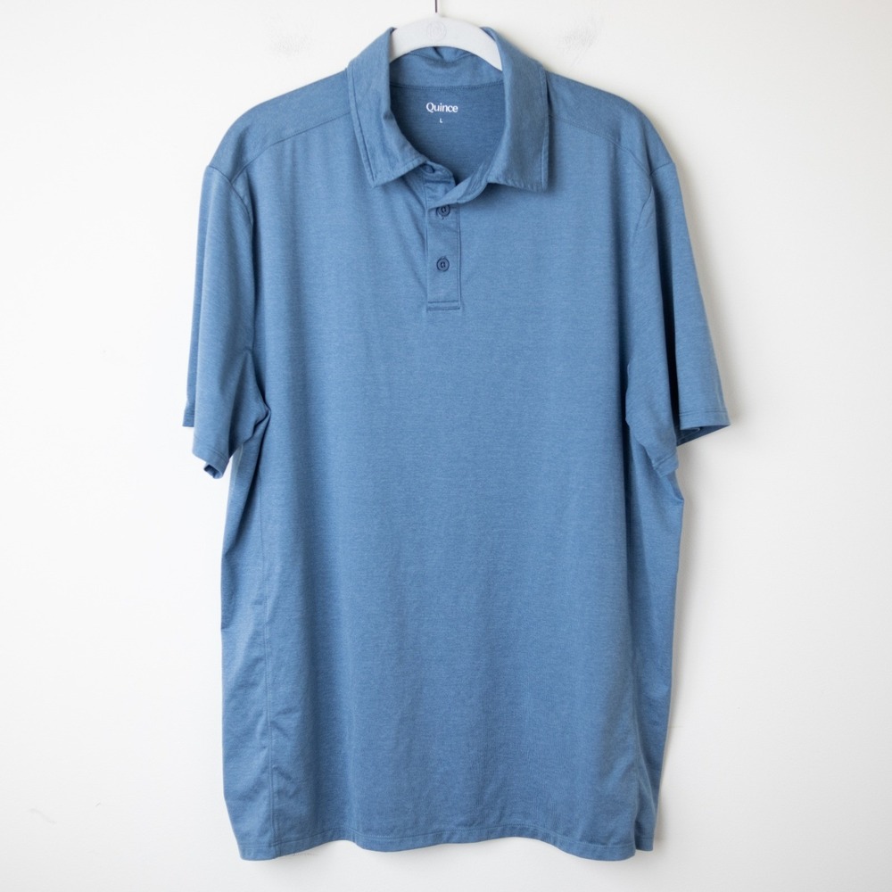 Quince Flowknit Breeze Performance Polo Shirt Mens Large Heather Dewstone Blue